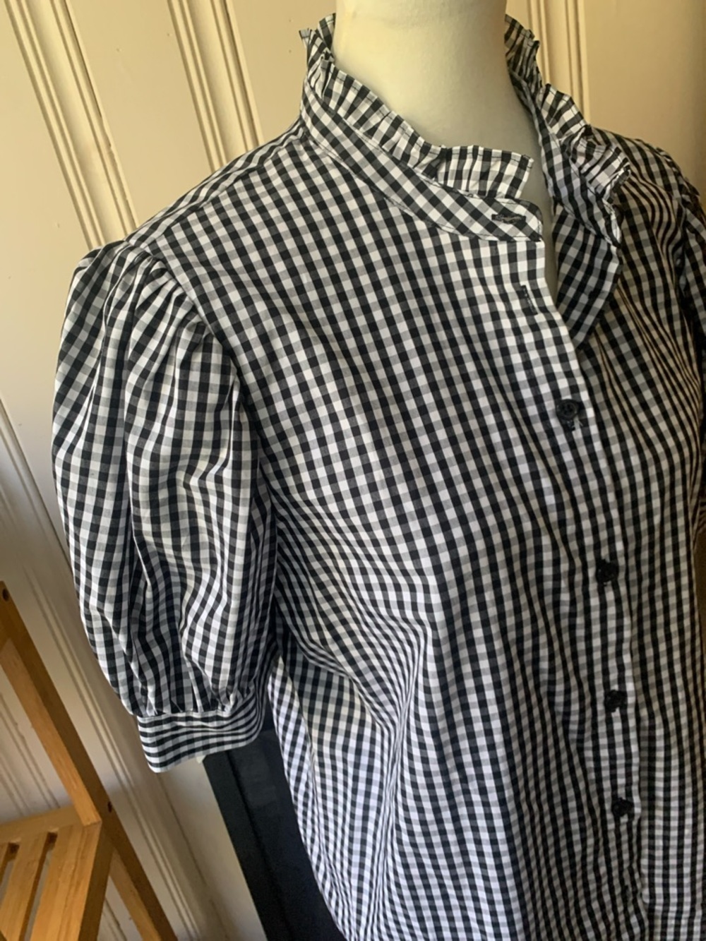 NEW  WHO WHAT WEAR GINGHAM BLOUSE COTTON BLACK WHITE RUFFLED Size L / XL